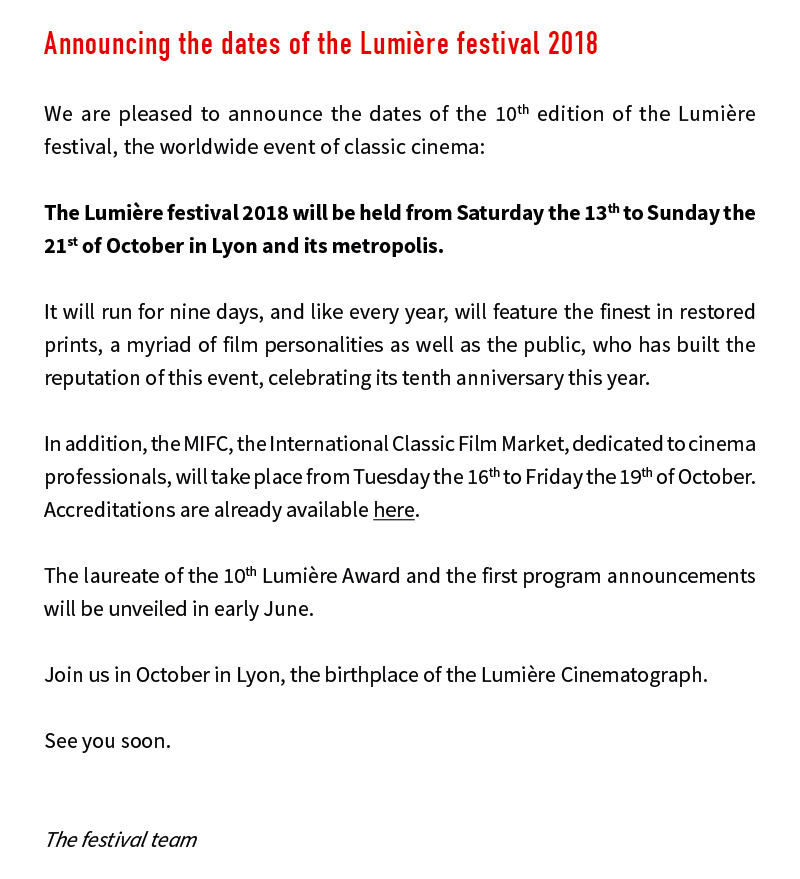 Les dates du festival Lumire 2018 / The dates of the Lumire festival 2018