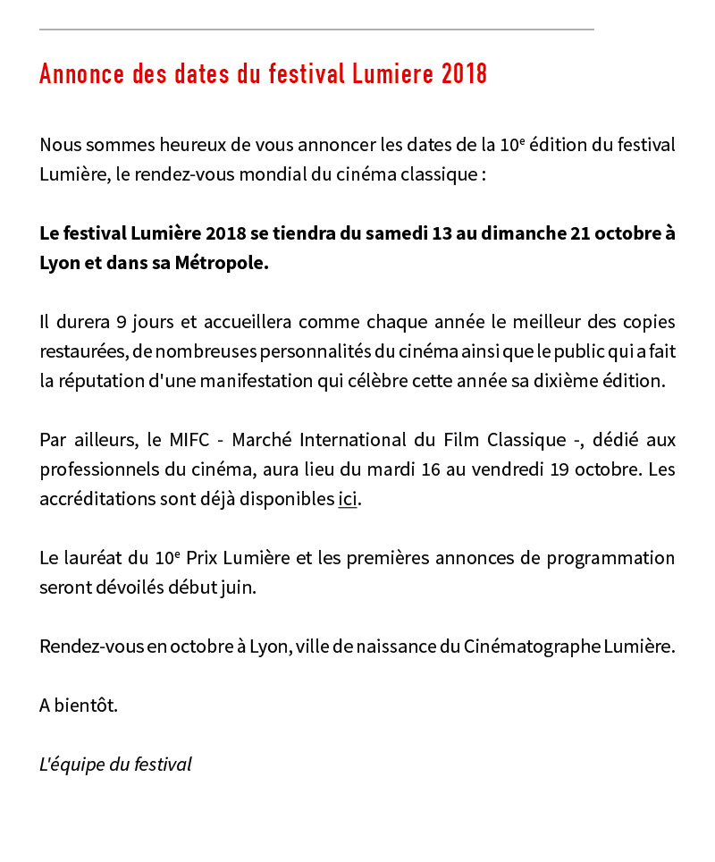Les dates du festival Lumière 2018 / The dates of the Lumière festival 2018