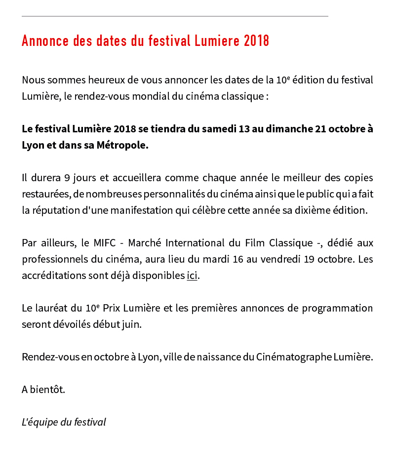 Les dates du festival Lumire 2018 / The dates of the Lumire festival 2018