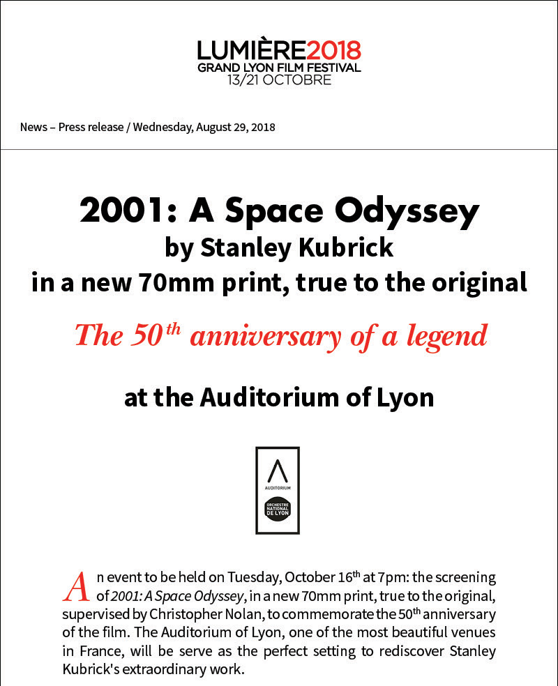 Event: 2001: A Space Odyssey in a new 70mm print at the Auditorium of Lyon