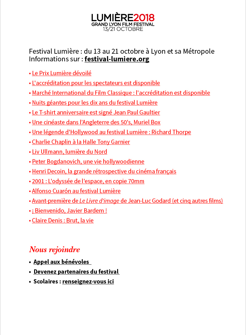 Festival Lumire : Le programme et la billetterie sont en ligne ! 