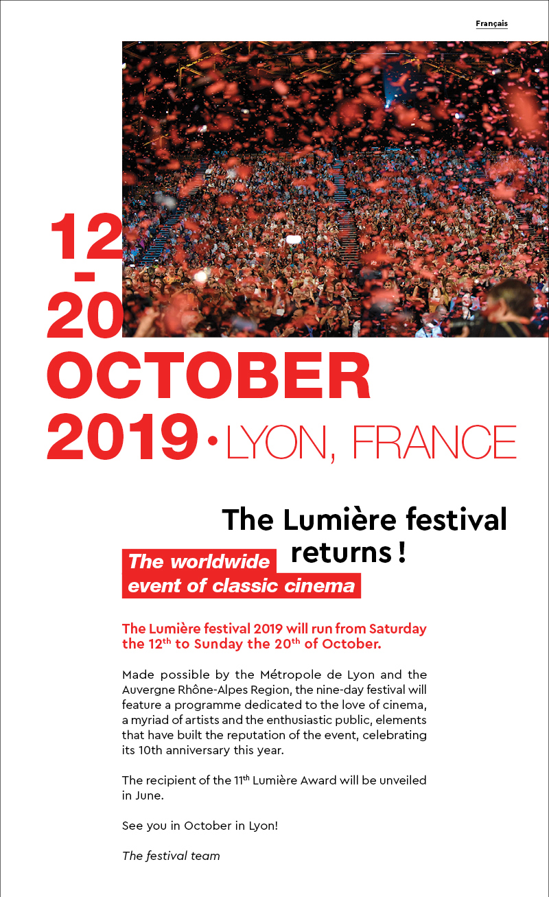 Les dates du festival Lumire 2019 / The dates of the Lumire festival 2019