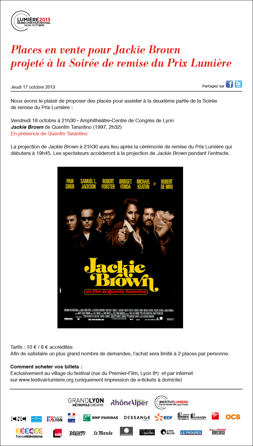 Places en vente pour Jackie Brown projet  la Soire de remise du Prix Lumire