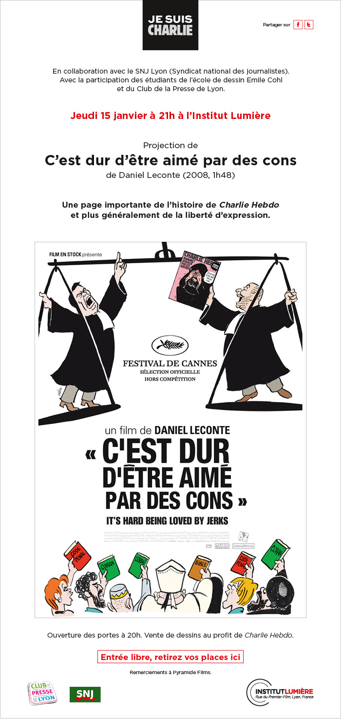 Charlie Hebdo / Projection de C'est dur d'être aimé par des cons ce jeudi